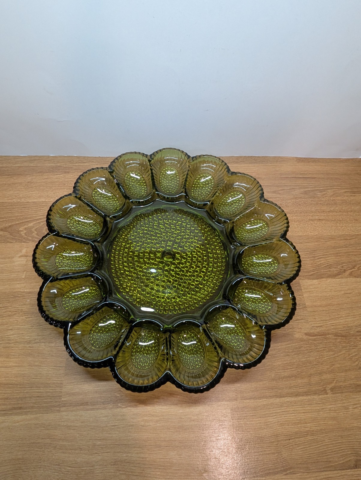 Vintage Indiana Glass Olive Green Hobnail Deviled Egg Dish Tray Plate MCM 15 Egg