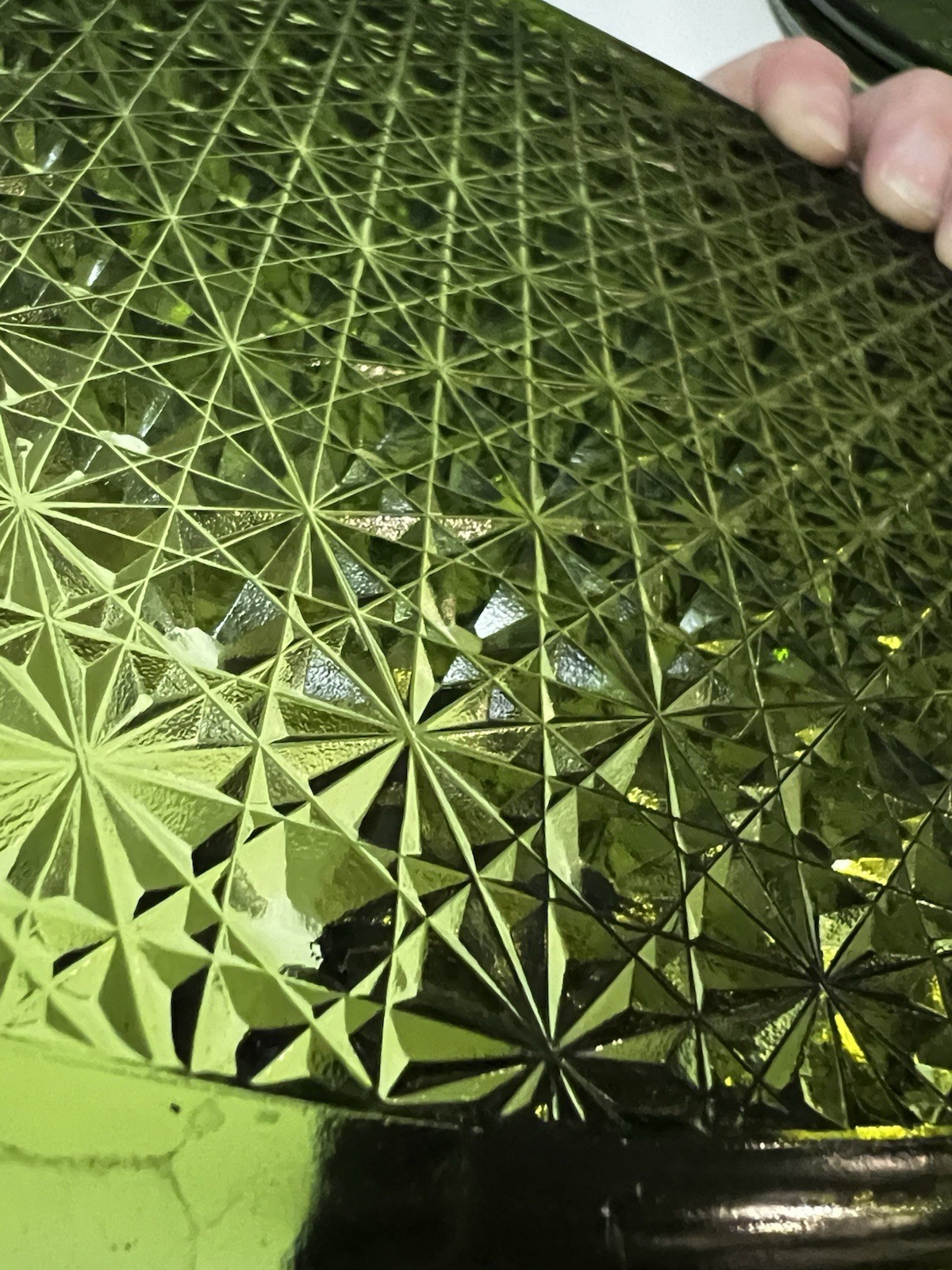 Vtg MCM Indiana Glass Daisy Button Avocado Olive Green Triangular Plate Set 3