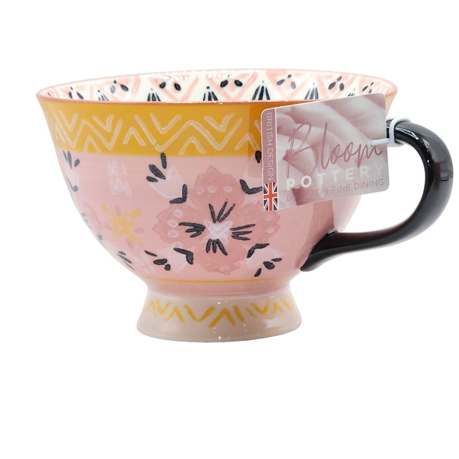 Bloom Pottery Set of 2 Pedestal Ceramic Tea Cups Coffee Mug Hand-Painted Floral