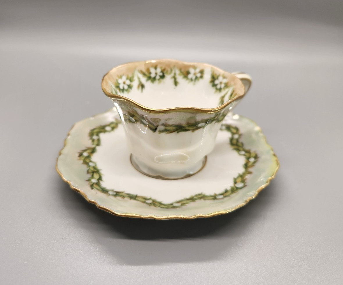 Antique R.S. Prussia (Red Mark) Small Teacup & Saucer Green Floral Garland C1900