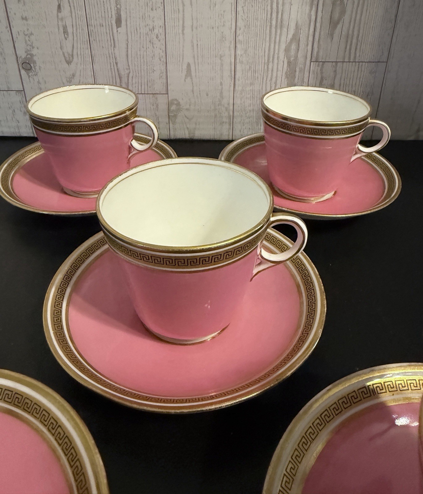 ANTIQUE CAULDON PINK SET OF 5 COFFEE TEA CUPS & SAUCERS GREEK KEY PORCELAIN RARE