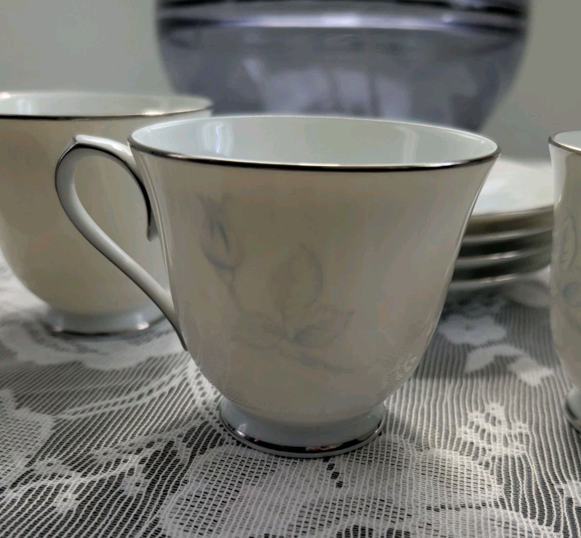 Noritake Virtue Tea Cup and Saucer Platinum Trim White & Blue Japan 2934 Vintage