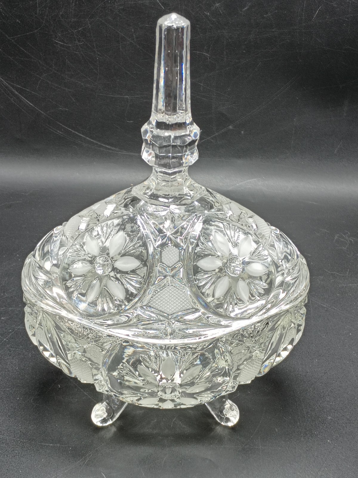 Vintage Large Heavy Etched Crystal Covered Oval Candy Dish Floral