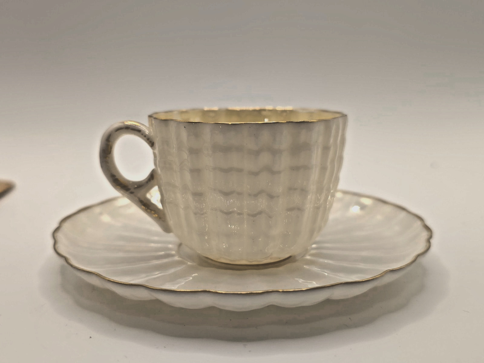 American Belleek Trenton NJ Demitasse Cup Saucer White Lustre Gold Gilt Antique