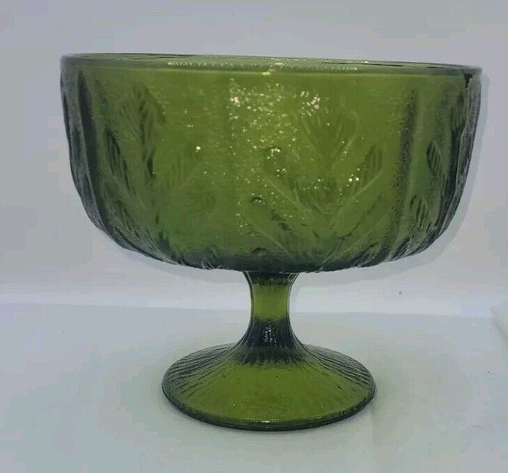 Vintage FTD Avacado Green Glass Footed Dish Oak Leaf Pattern