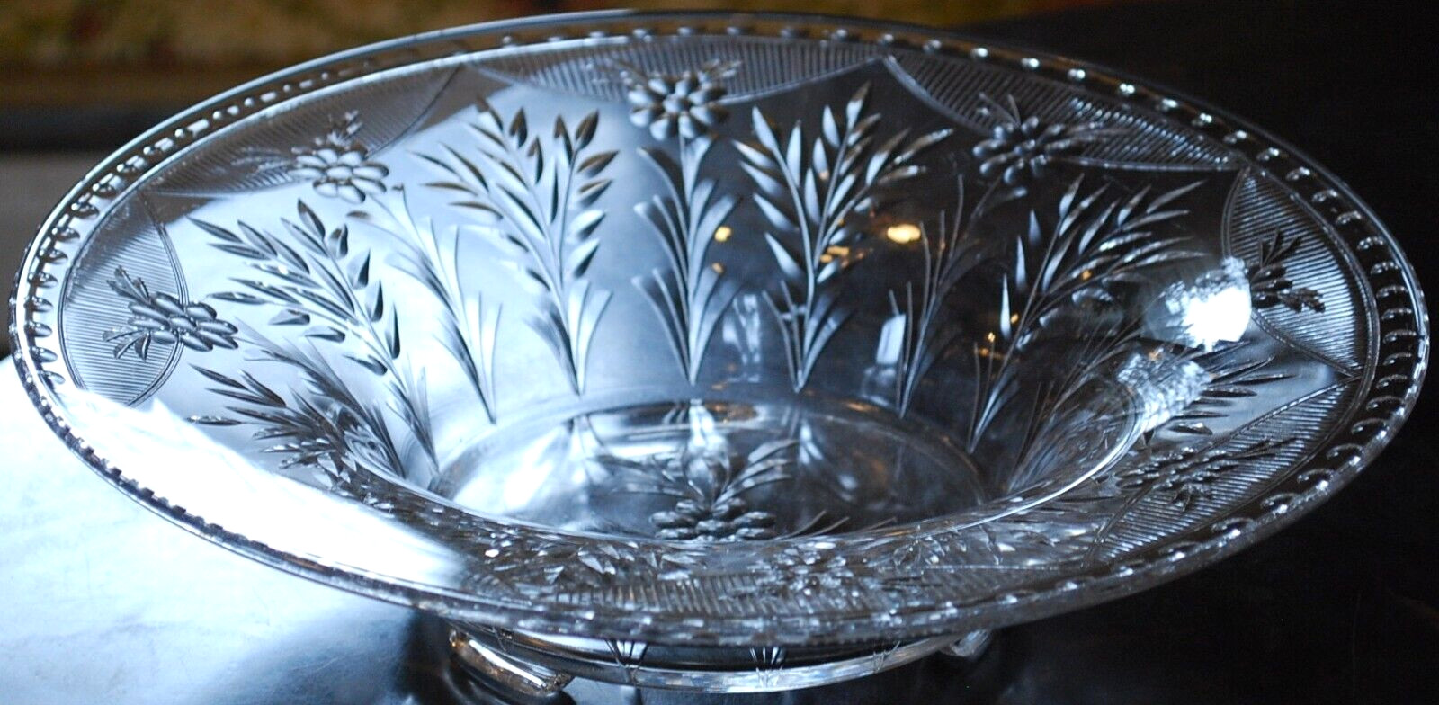 Vintage ROCK SHARPE Crystal FOOTED WIDE BOWL Clear Cut Floral & Dots 12.25″ EXC
