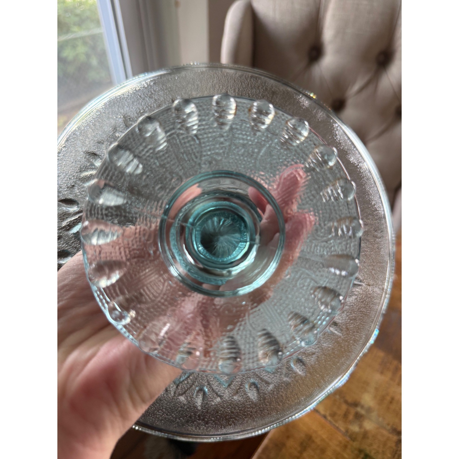 Jeannette Glass Feather Pattern Cake Stand Ice Blue Excellent 50s Vintage