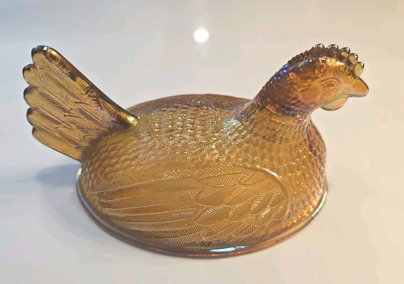Vintage Indiana Golden Carnival Glass Hen on Nest Dish w/ Lid Oval Beaded Base