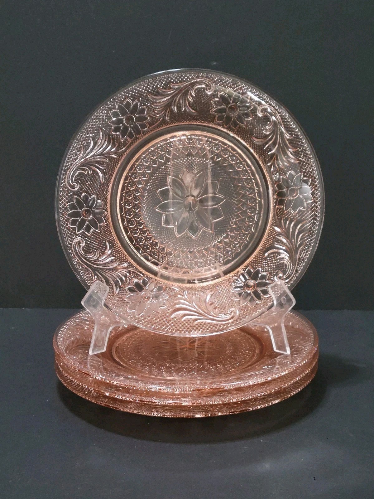 Set 4 Tiara Pink Peach Sandwich Indiana Glass 8.25″ Luncheon Salad Plates