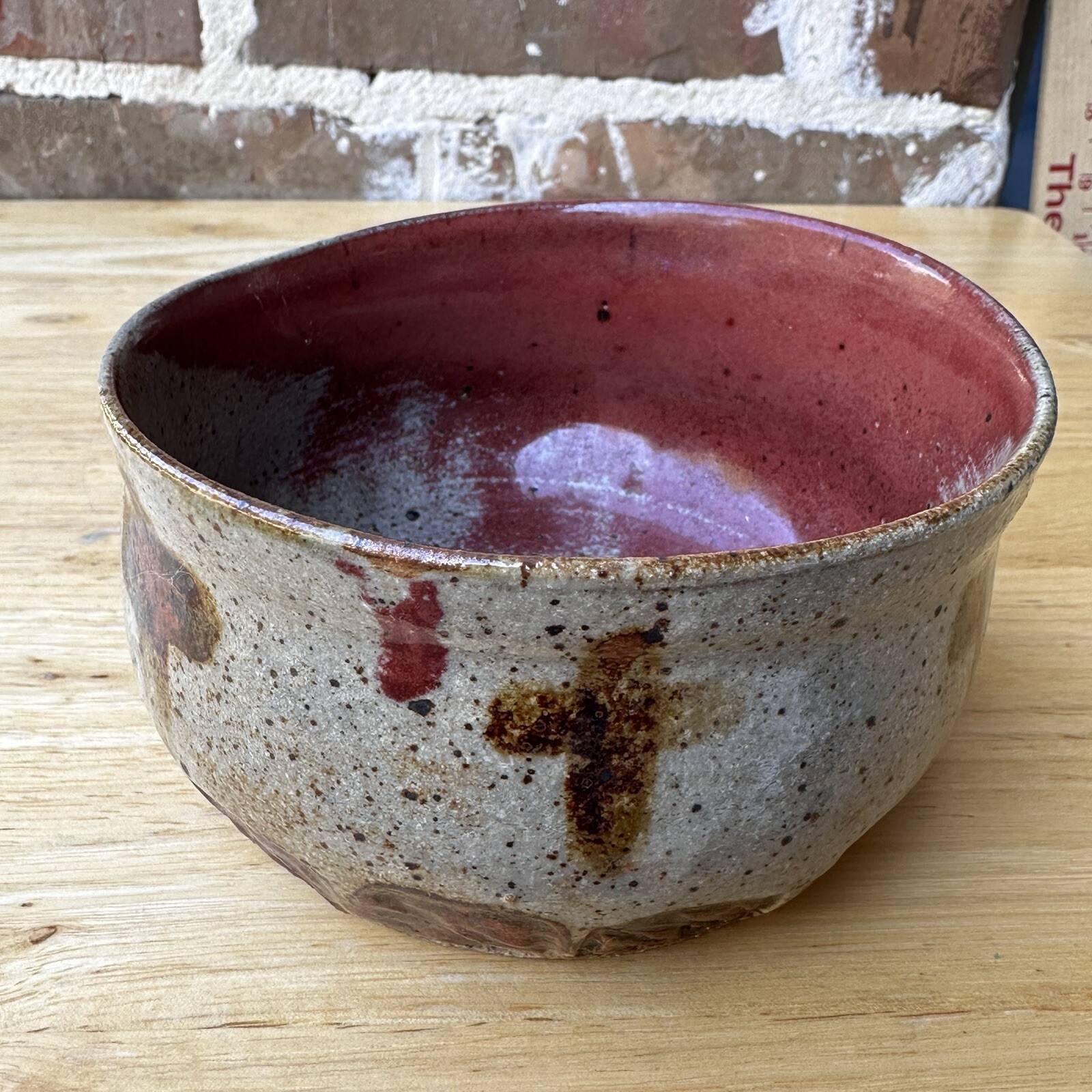 Empty Bowls Art Pottery Bowl 4.5×2.75 Inch Red Beige Cross Motif Speckled Signed