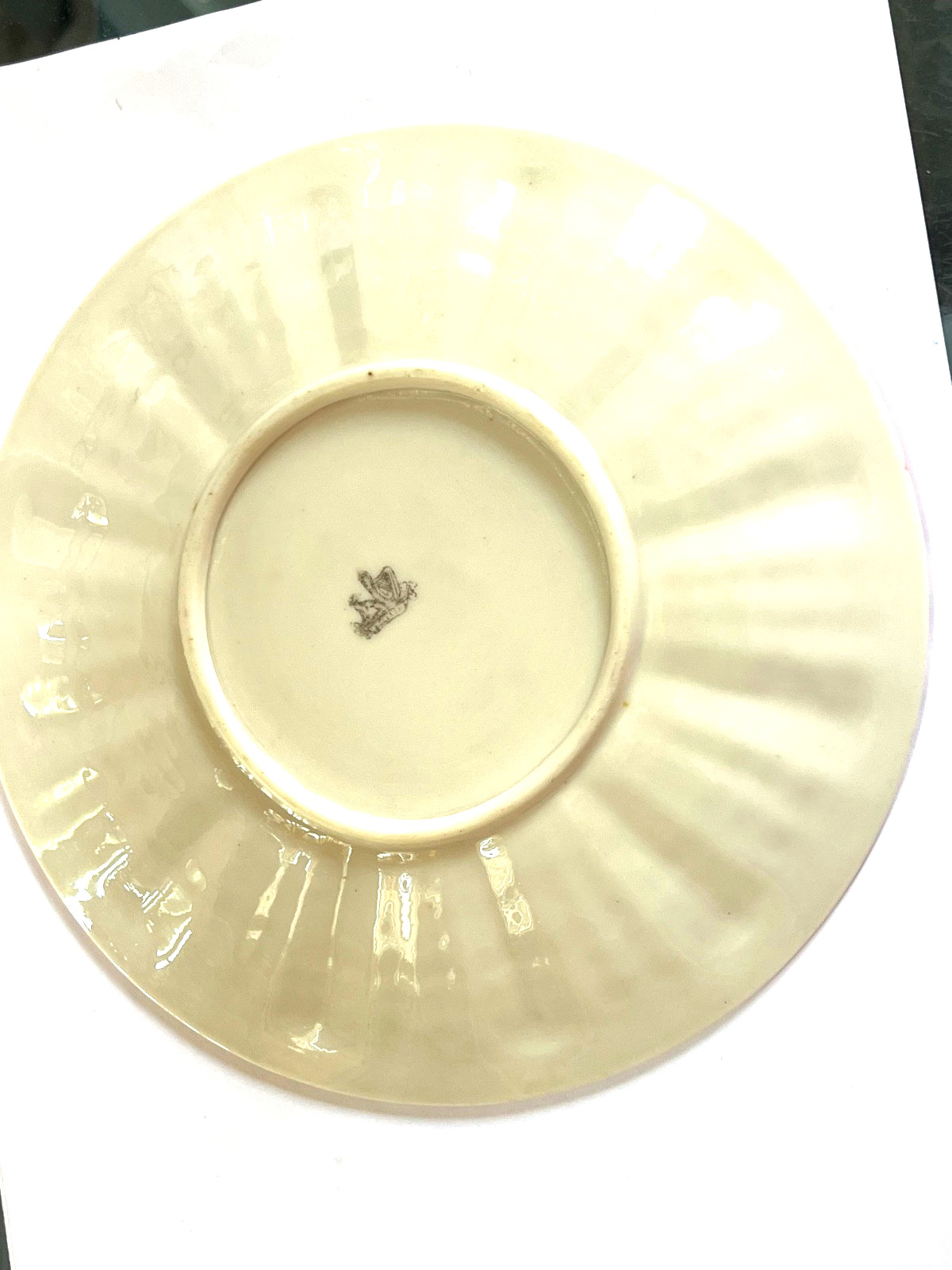 TRIO of IRISH BELLEEK Pink TRIDACNA Cup & Saucer & 7 1/2″ Plate – 1st Black Mark