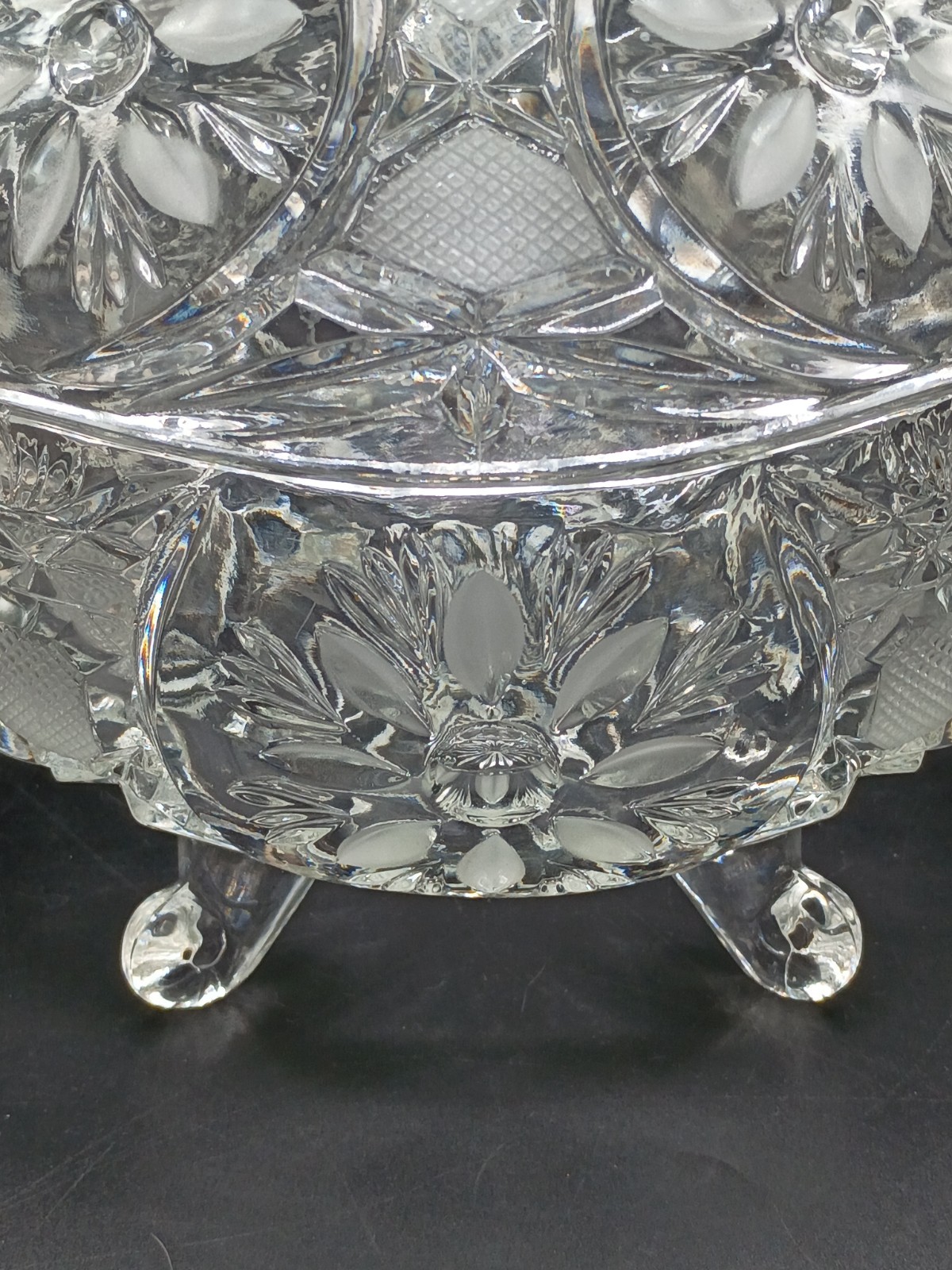 Vintage Large Heavy Etched Crystal Covered Oval Candy Dish Floral