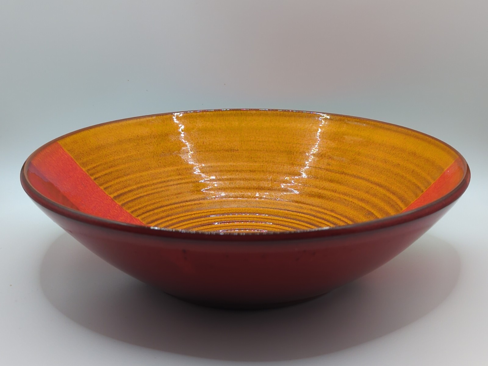 Studio Art Pottery Bowl Artist Signed Ombré Colored Design Yellow/Orange/Red 8in