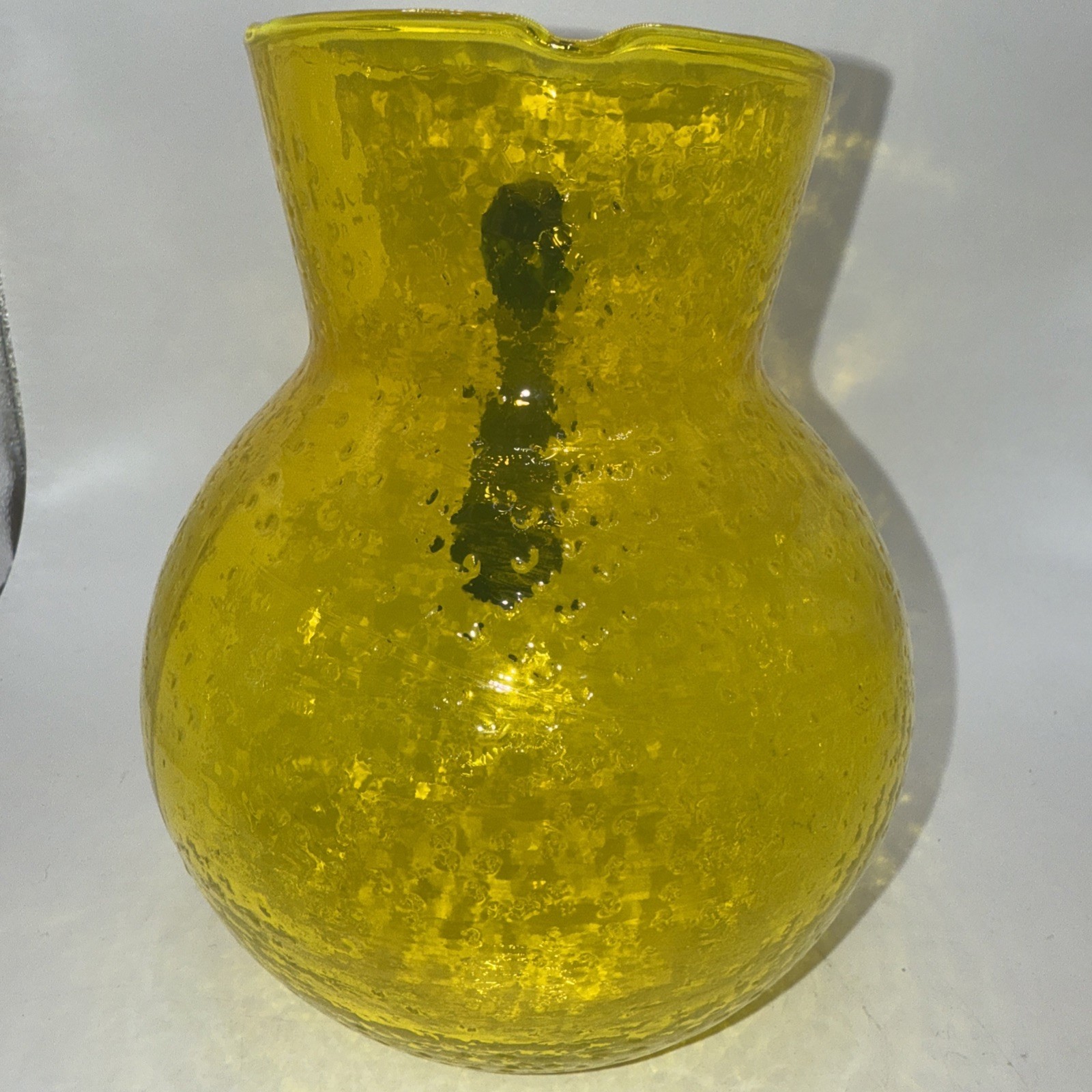 Lemon Yellow Glass Juice Pitcher w/Cobalt Blue Handle Bubble Texture 7”Hx 6”W