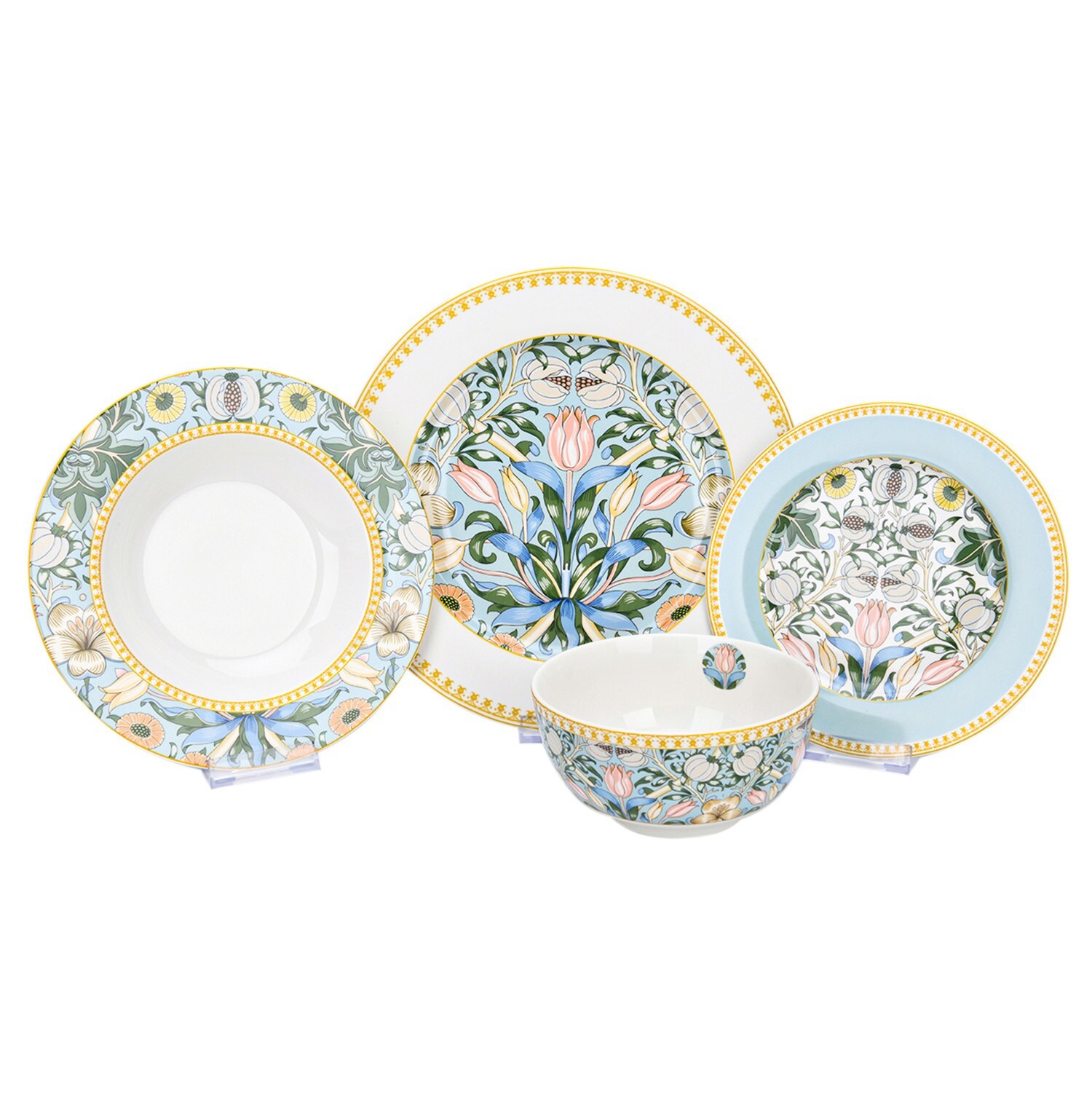 24pc Bone China Dinner Service Set Porcelain Dinnerware MORRIS GARDEN Turquoise