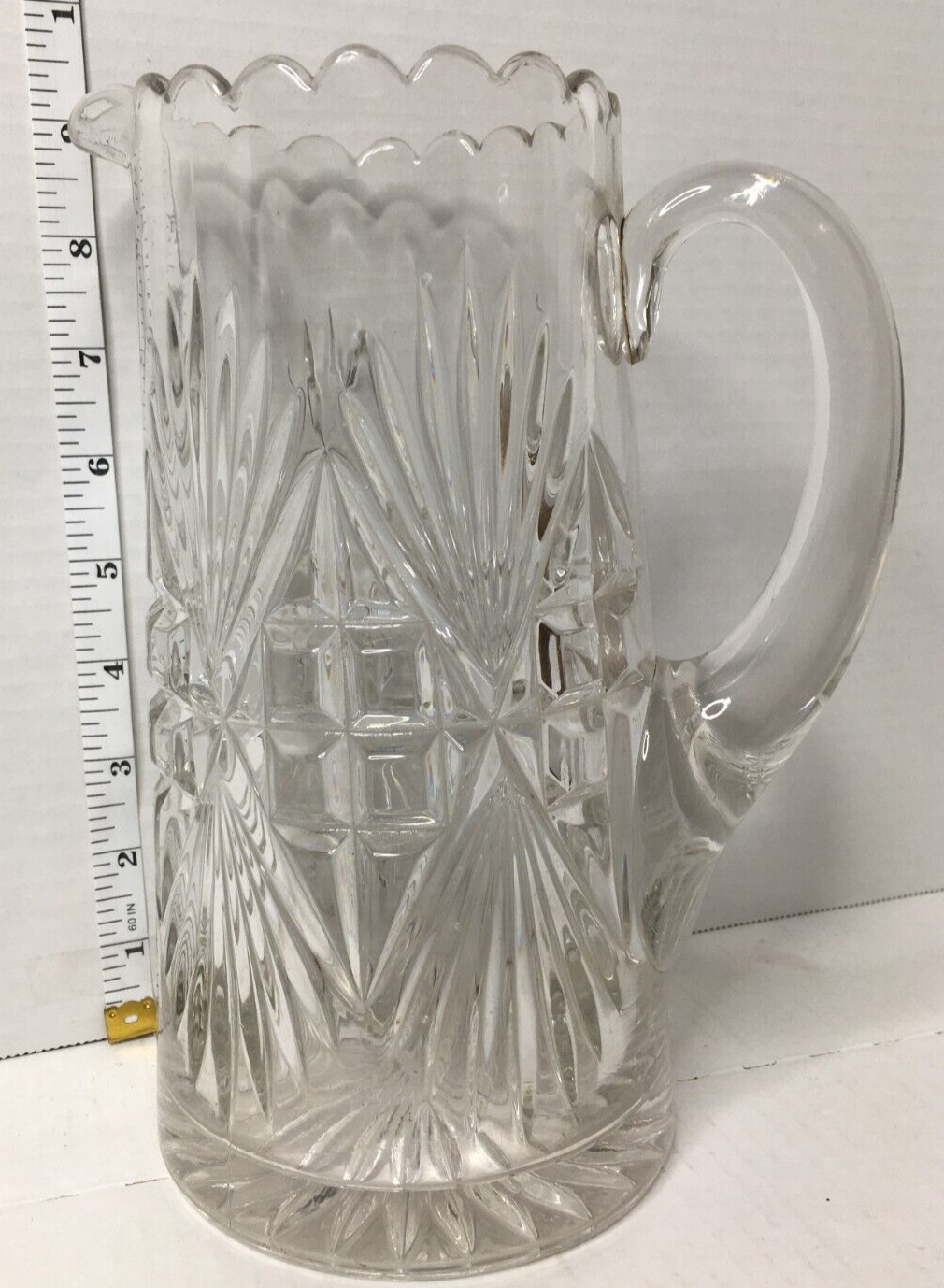 Retro Pressed Lead Glass Water Pitcher Clear Mid Century Modern Vintage 9″