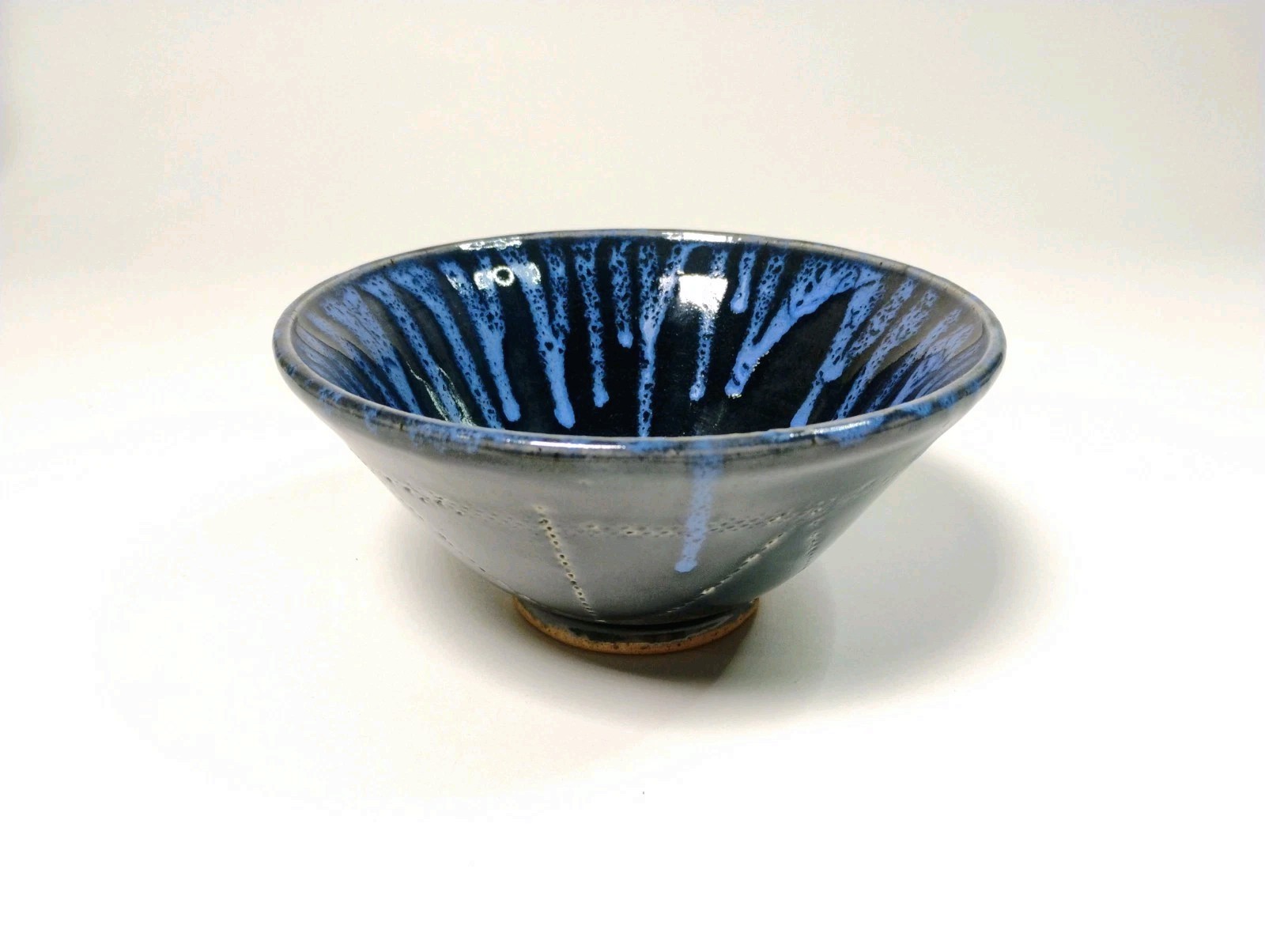 Vintage Stoneware Bowl Tenmoku Style Blue Drip Glaze Handmade Signed 6.5″