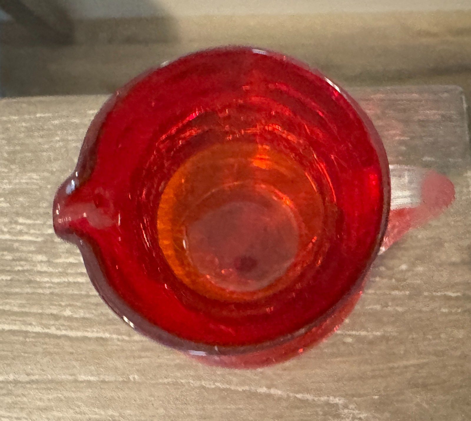 Vintage hand-blown ruby-red crackle glass pitcher 3.5″