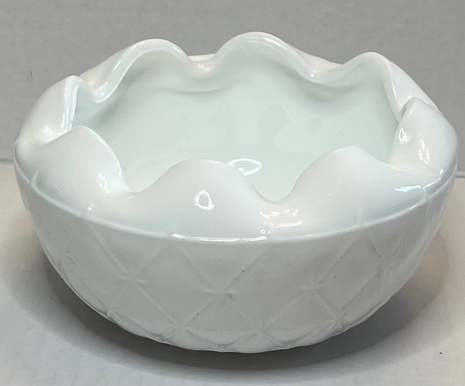 Vtg Indiana Milk Glass Duette Candy Bowl Diamond Quilted Crimped Ruffled Edge