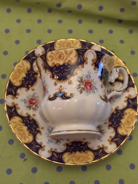 Rosina English Bone China Tea Cup and Saucer Cobalt Blue/Yellow/Gold Perfect