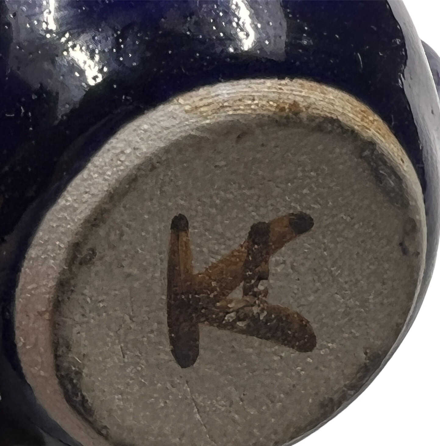 Vintage Art Pottery Creamer Deep Blue Glaze & Etched Ferns Stoneware 3.5” Signed