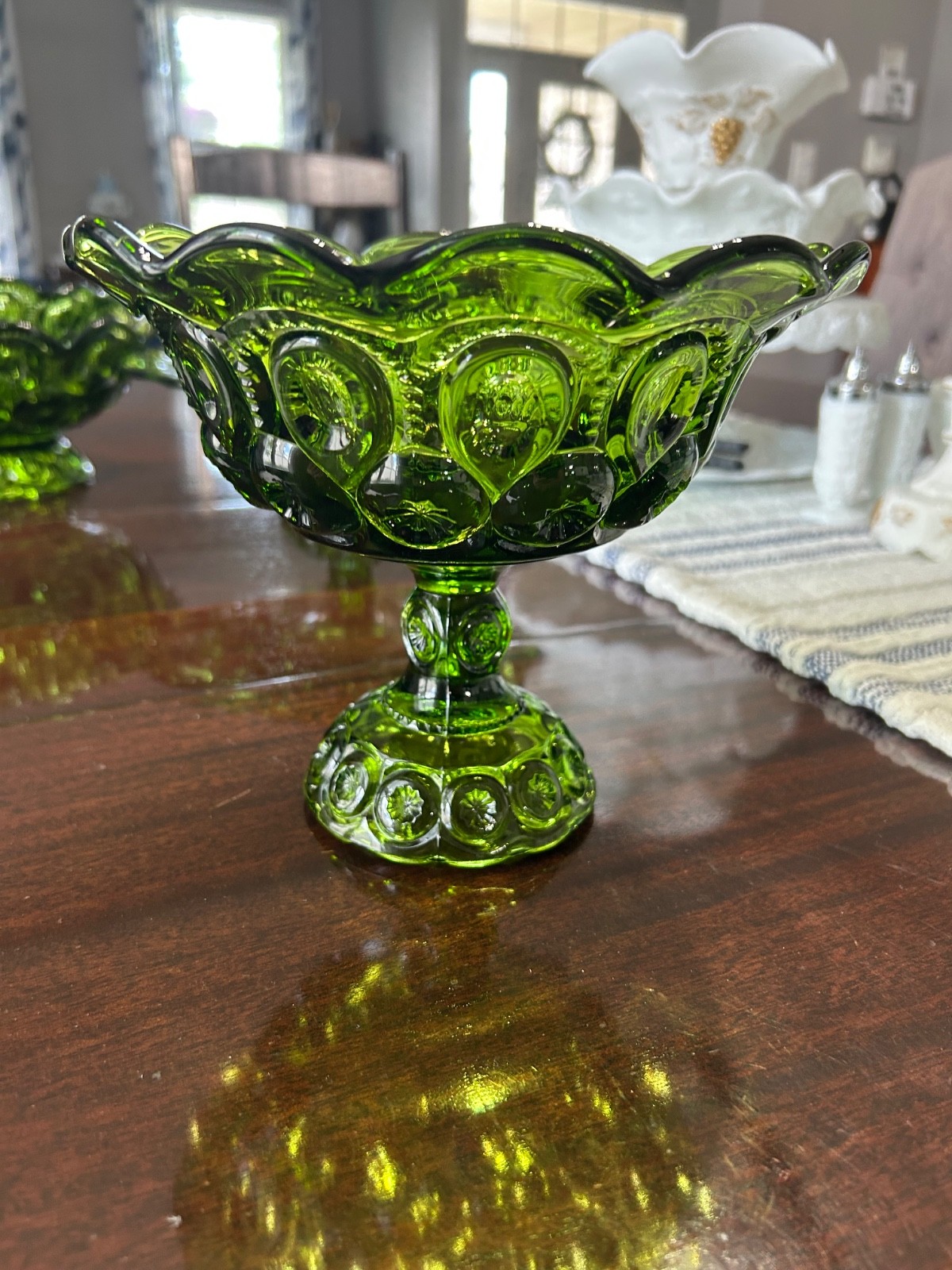 Vintage 4pc L.E. Smith Green Moon & Stars Set Cake Pedestal 2 Bowls 1 Compote