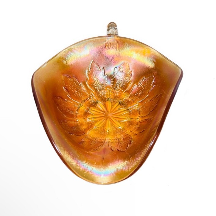 Vtg Candy/Vanity Dish Marigold Depression Leaf Floral Iridescent 5″W x 7″L x 2″H