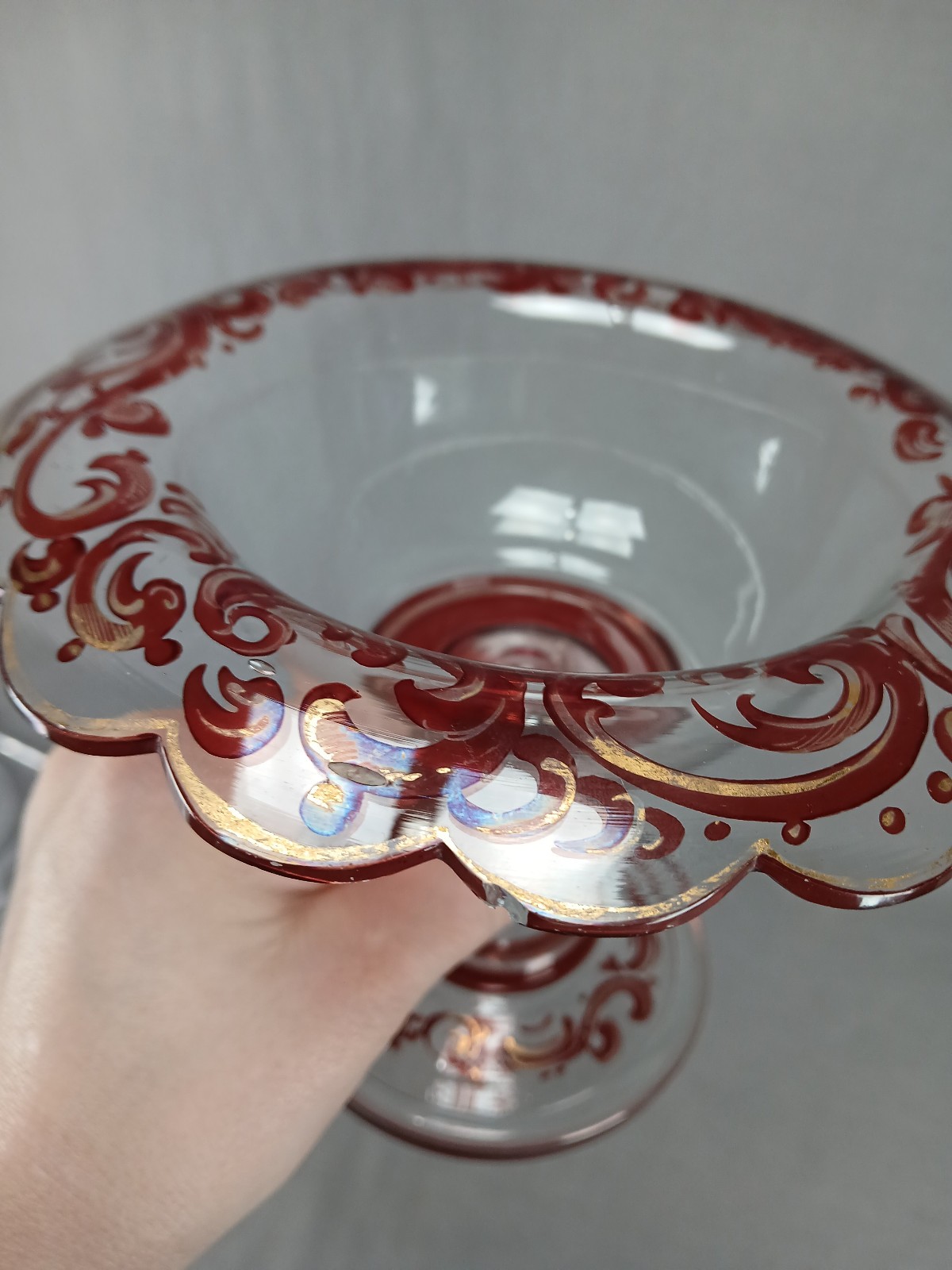 Mid 19th Century Bohemian Ruby Stained & Gold Scrollwork 5 1/8 Inch Compote