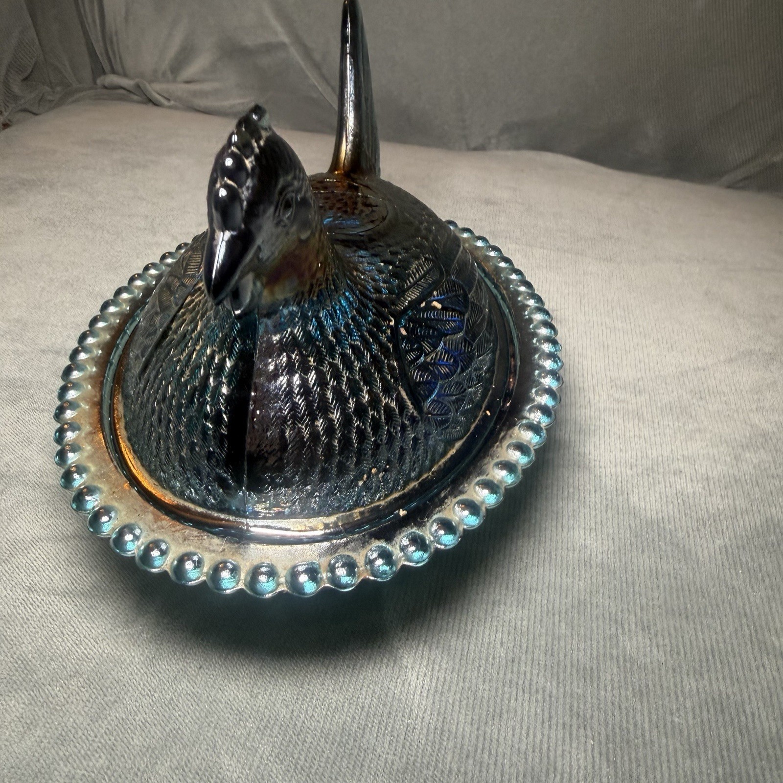 VTG Indiana Hen On a Nest Beaded Candy Dish 7″ Iridescent Blue Carnival Glass