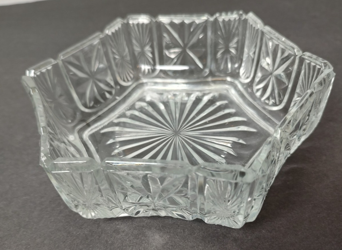 Avon Fostoria Hexagon Cut Glass Candy Nut Dish 6″ Clear Pressed Glass