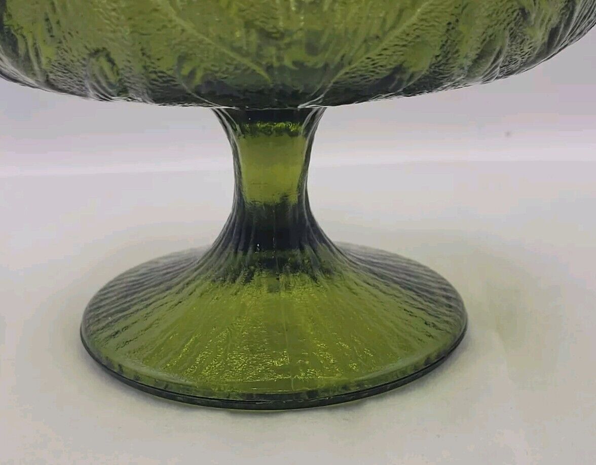 Vintage FTD Avacado Green Glass Footed Dish Oak Leaf Pattern