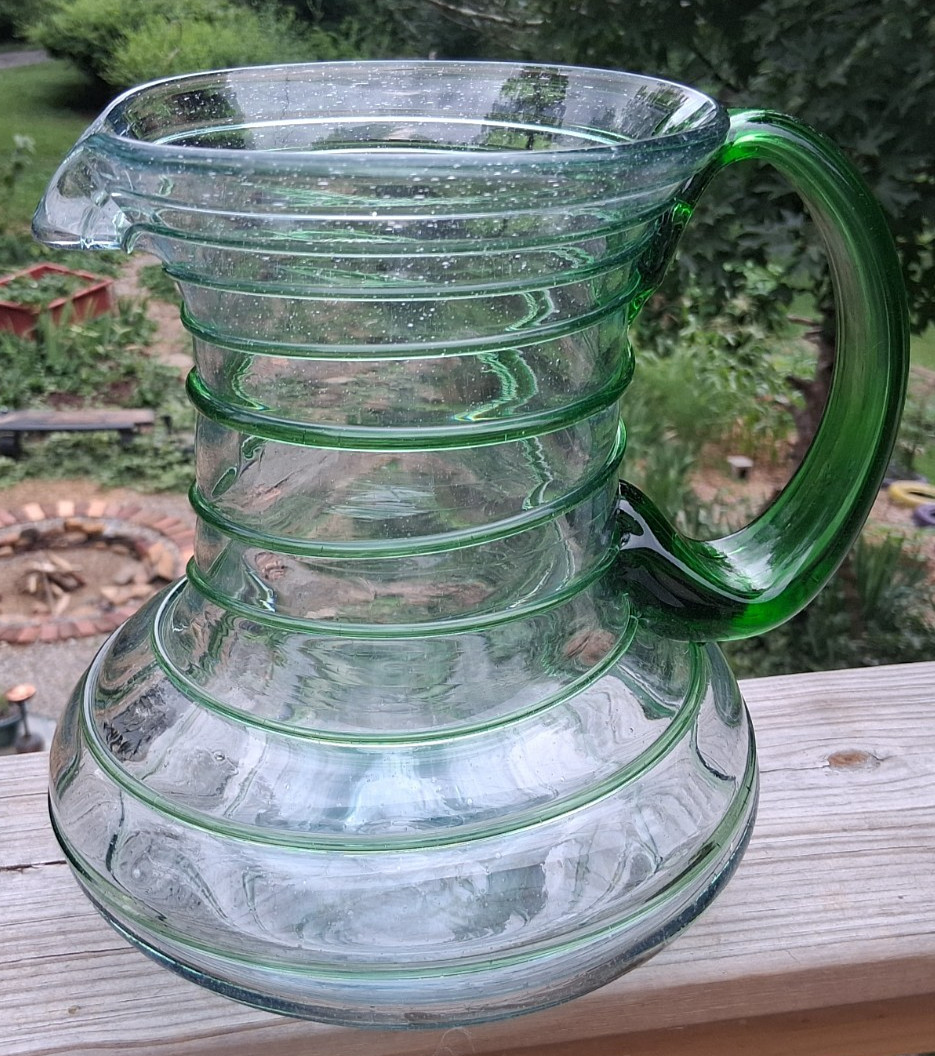 9″ Mexican Hand Blown Art Glass Pitcher Applied Green Threading & Handle Lg Base