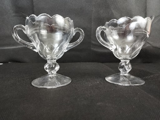 Footed Glass Creamer and Sugar Bowl Clear Glass with Scalloped Edge And Handles
