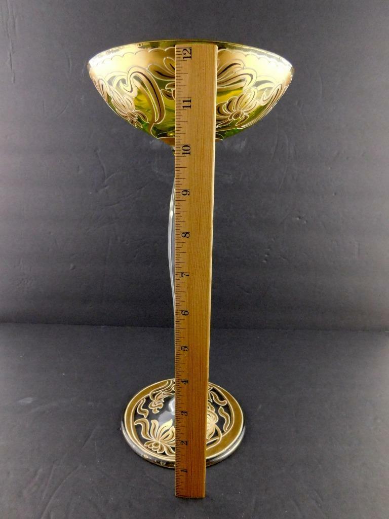 Art Glass Tall Stem Compote Dish Nouveau Floral Gold Green Clear X Mark