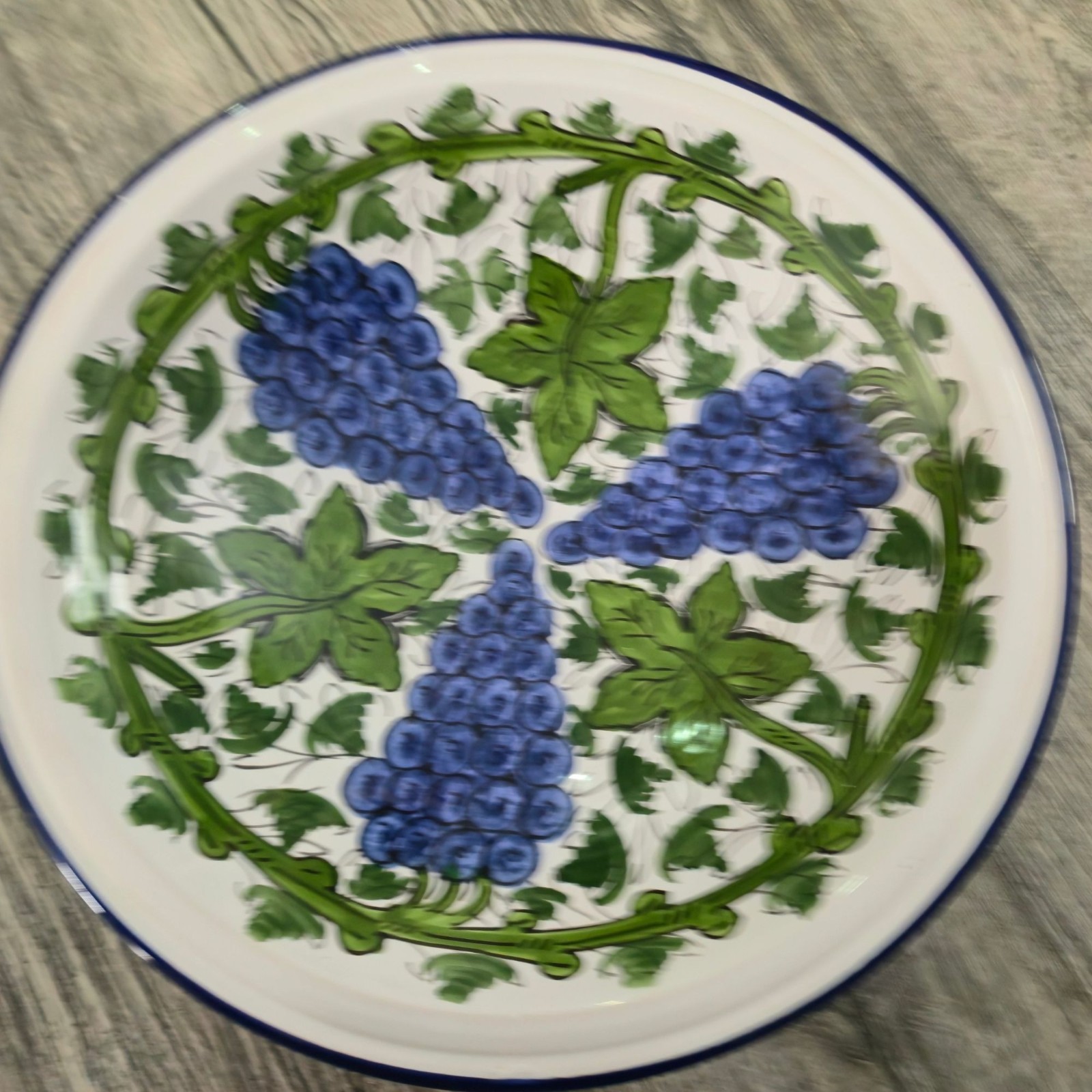 Vintage Le Souk Ceramique Tunisian Hand-Painted Pottery Bowl Blue Grapes Leaves