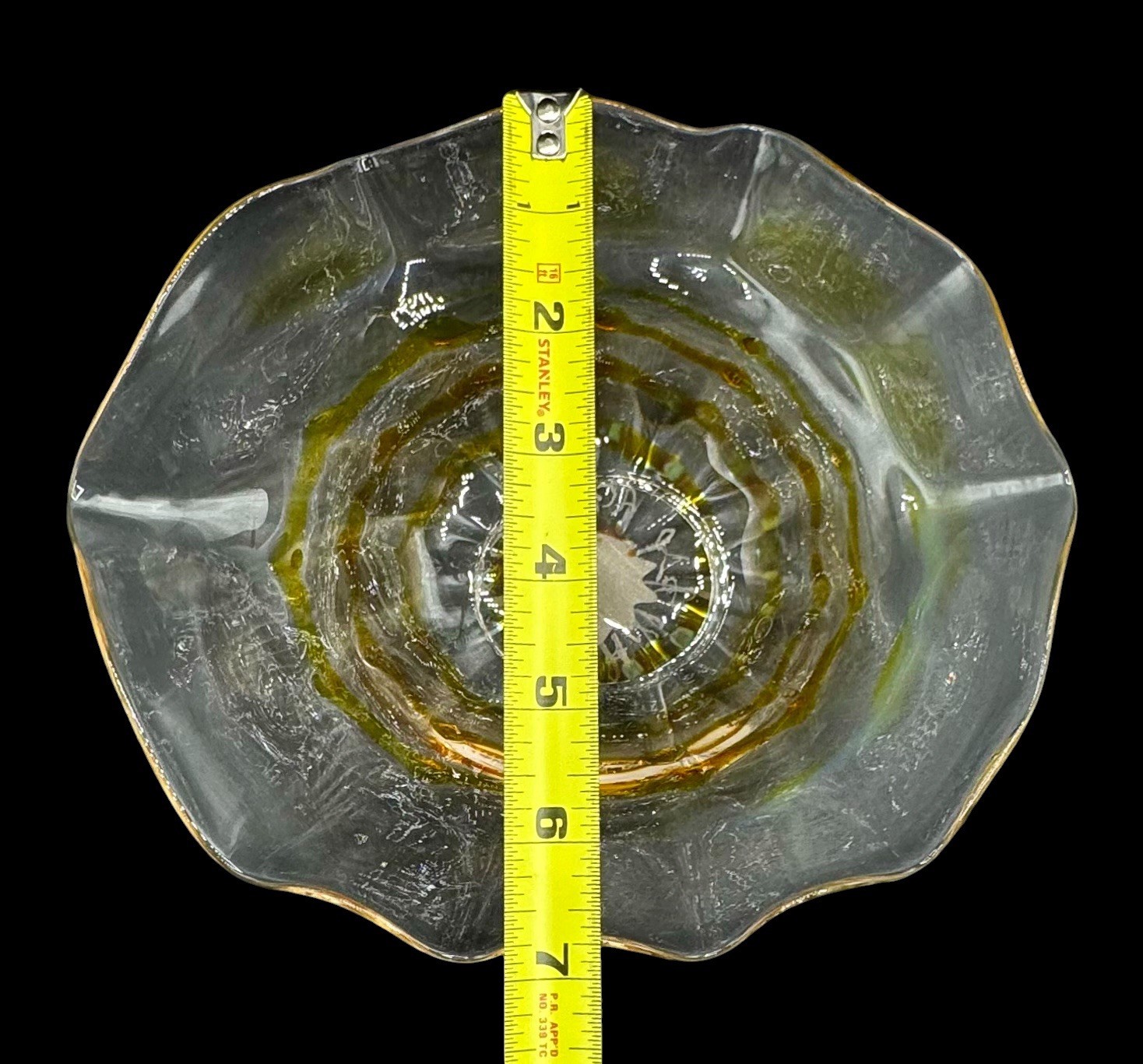 Signed Hilltop Studio Art Glass Ruffle Bowl Centerpiece Amber Clear Handblown