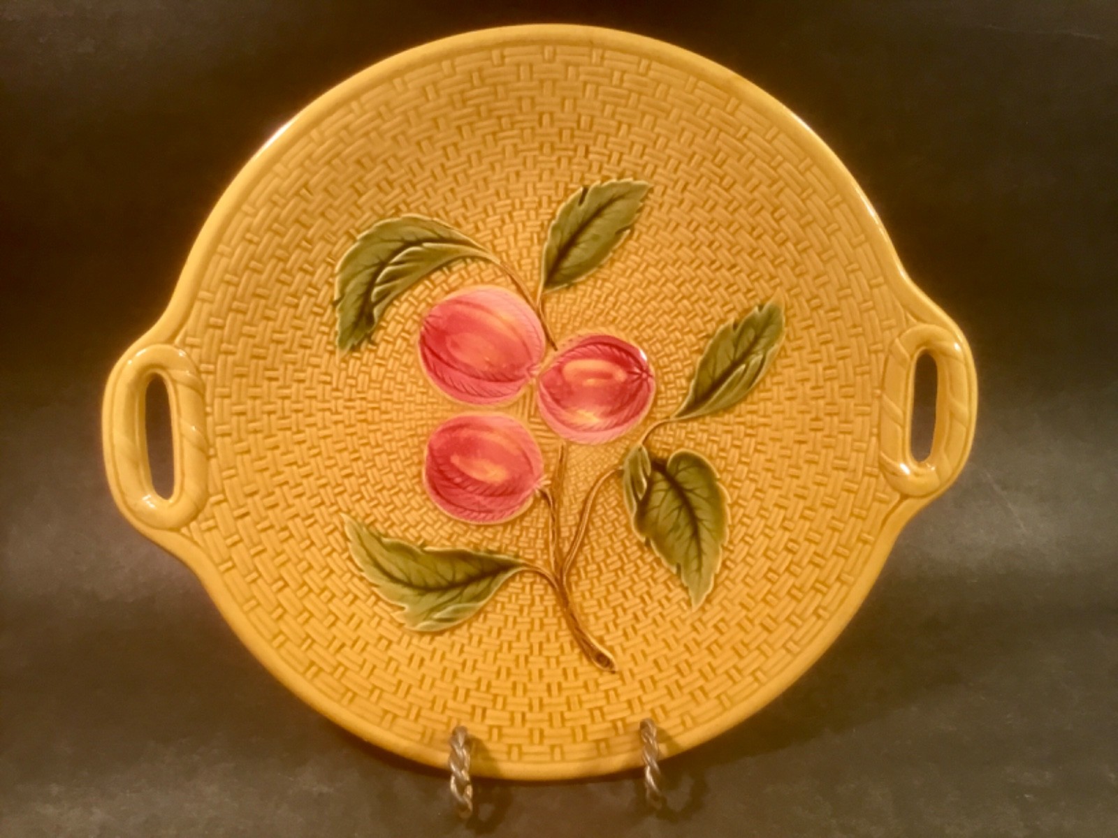 Antique Majolica Fruit and Leaves on Basketweave Platter c.1907