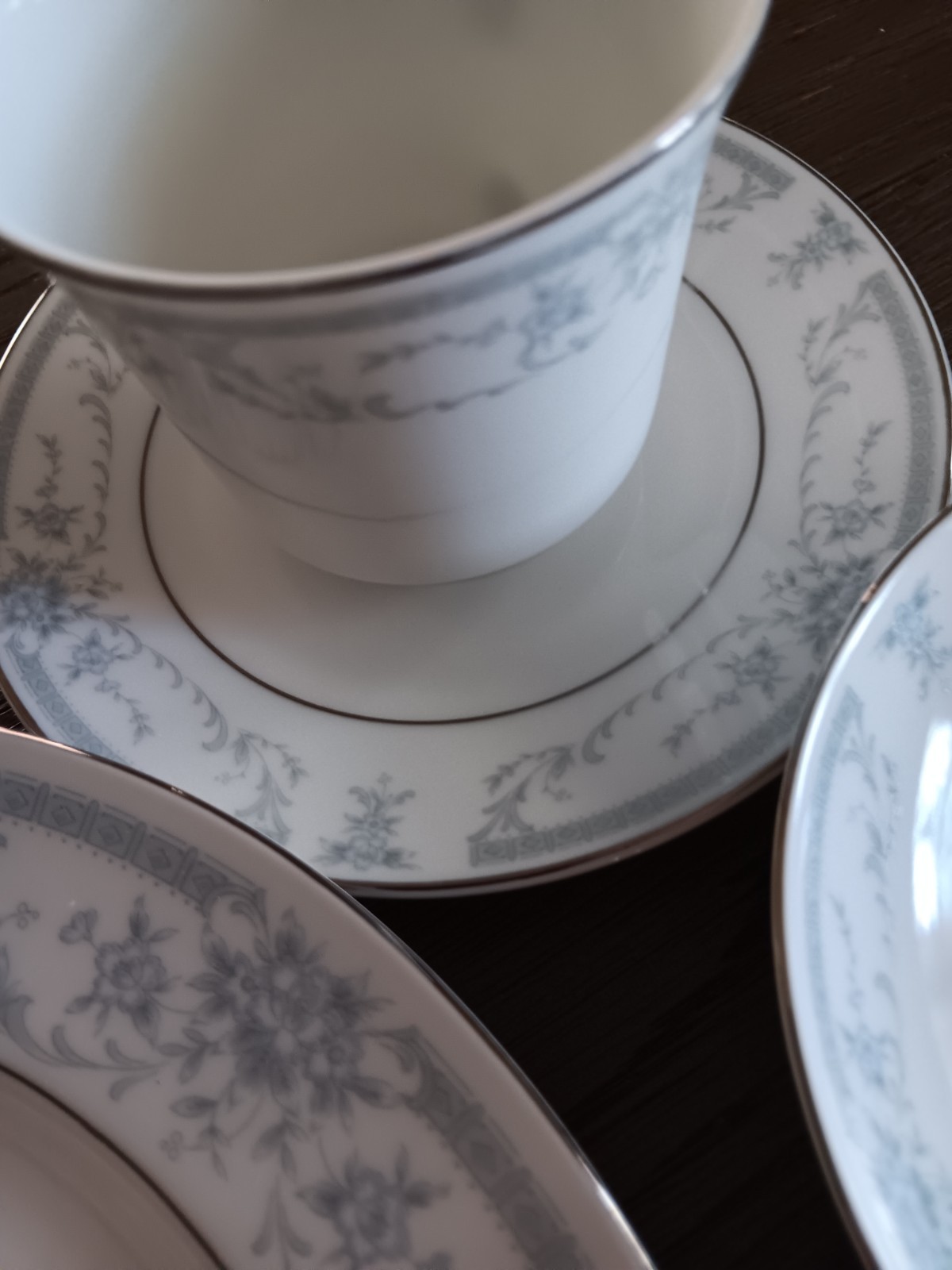 Five Piece Set Of Sheffield Blue Whisper China Plate- Desert- Bowl- Cup & Saucer