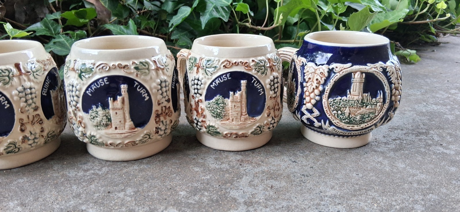 5 German Stoneware Mugs By Marzi & Remy “2835” 2 Cobalt Blue & 3 Cream Mugs