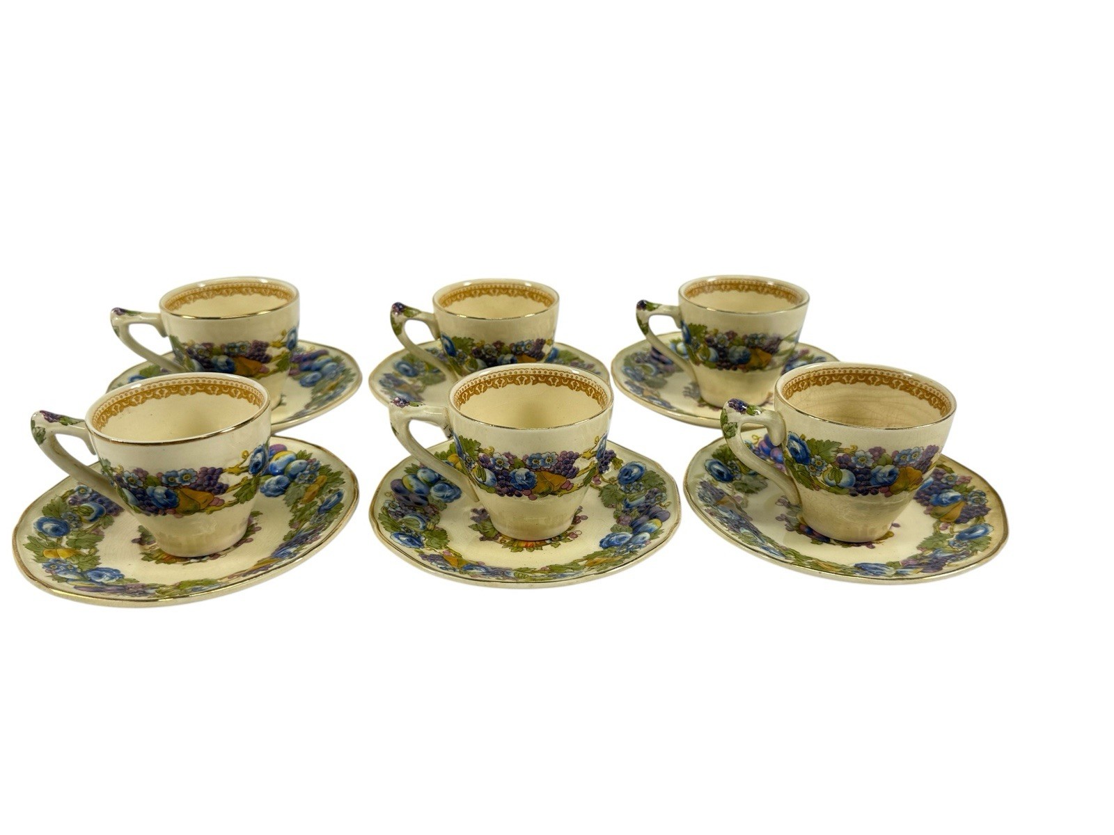 Vintage Crown Ducal Florentine Tea Set of 6 Cups & Saucers Made in England 1954