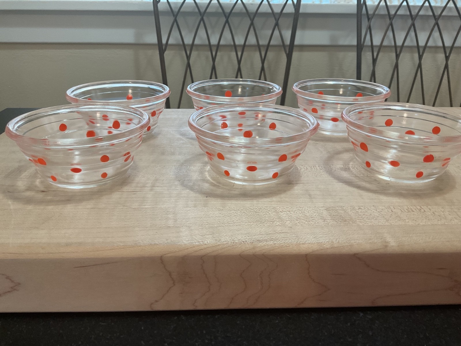 6 Vintage GlasBake Orange Polka Dot Ribbed Fruit Cups