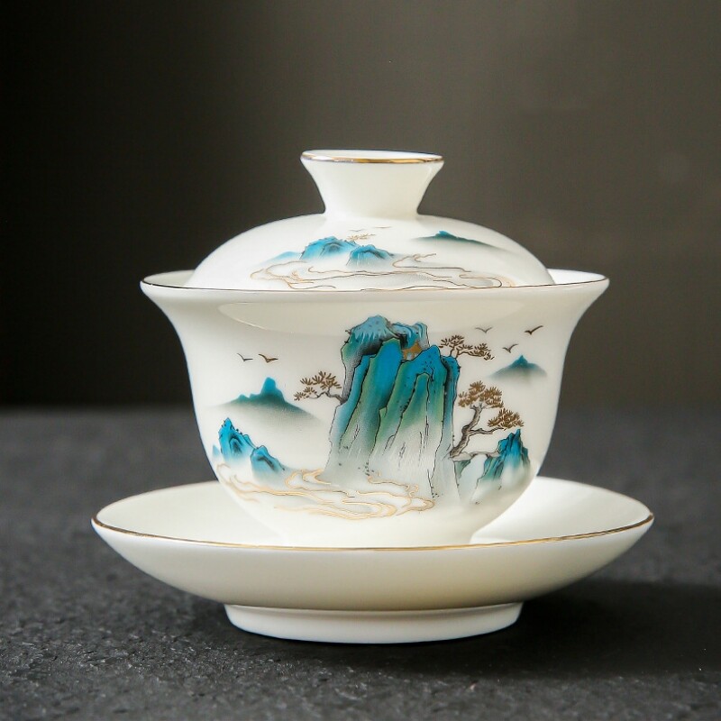 Chinese Tea Set Fat Mutton Jade Porcelain Gaiwan Pitcher Tea Cup Mountain Print