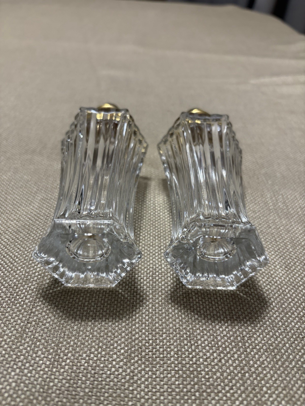 Mikasa Diamond Fire Glass 6″ Salt & Pepper Shakers W/ Goldtone Tops Japan
