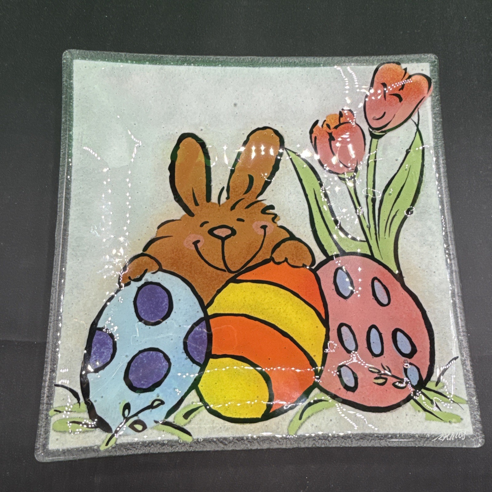 Peggy Karr 10″ Happy Easter Square Plate Fused Art glass signed Cartoon