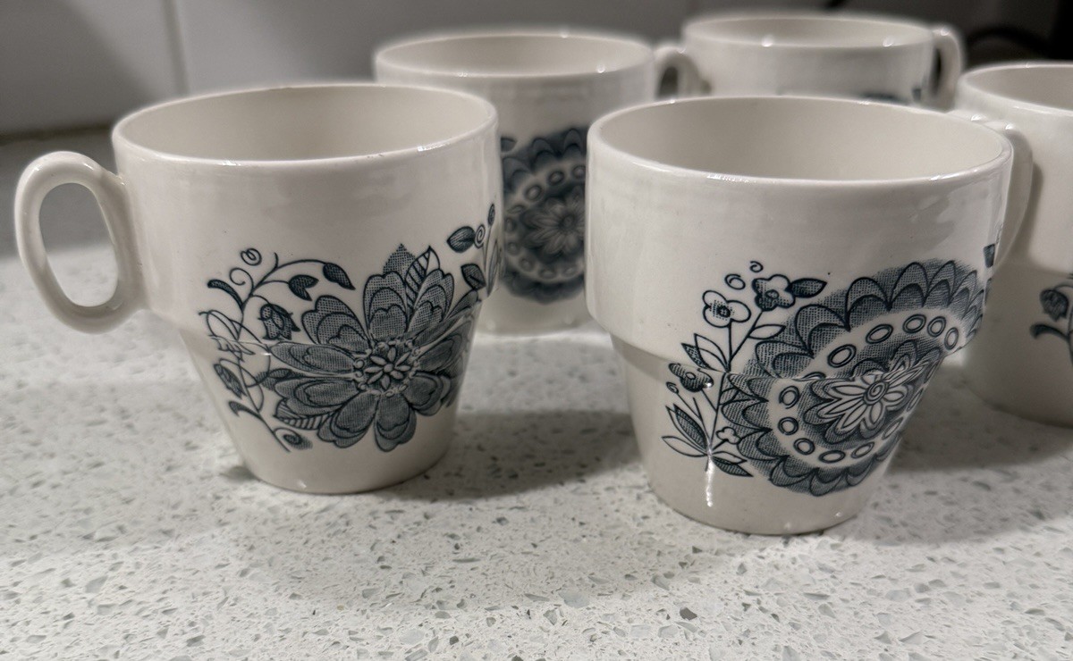 Parker Brothers Ltd Offbeat Blue White Royal Tudor Tea Cups Stackable Set Of 6