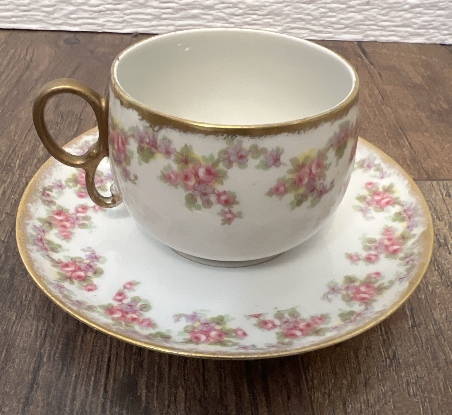 VTG Elite Works Limoges France Bridal Wreath Tea Cup & Saucer Pink Gold Trim