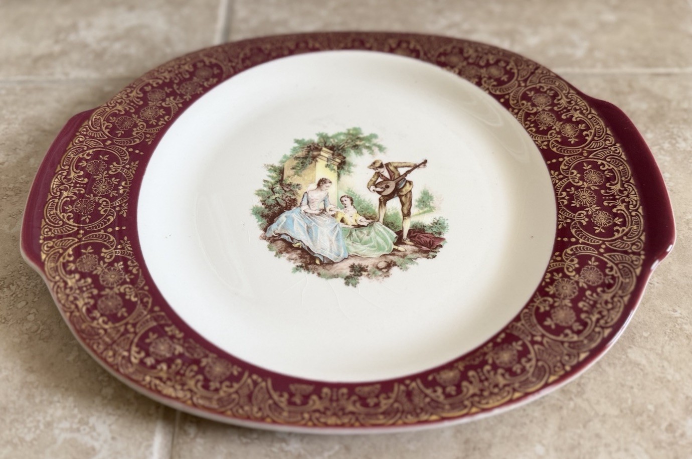 Vintage Sebring Pottery Serenade Burgundy T-S284 22K Gold Handled Platter USA