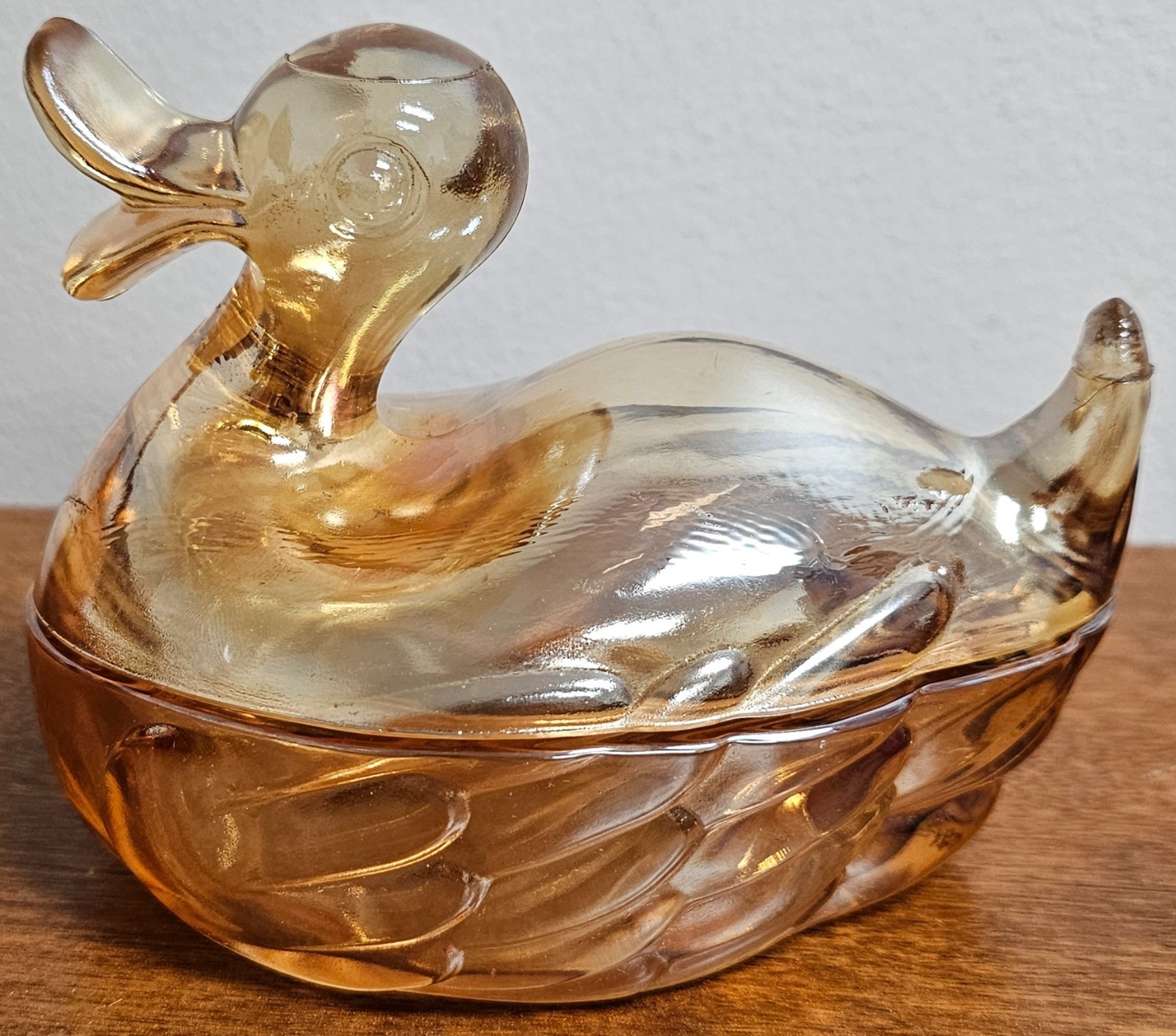 Vintage Jeannette Marigold Carnival Glass Duck On A Nest Candy Dish
