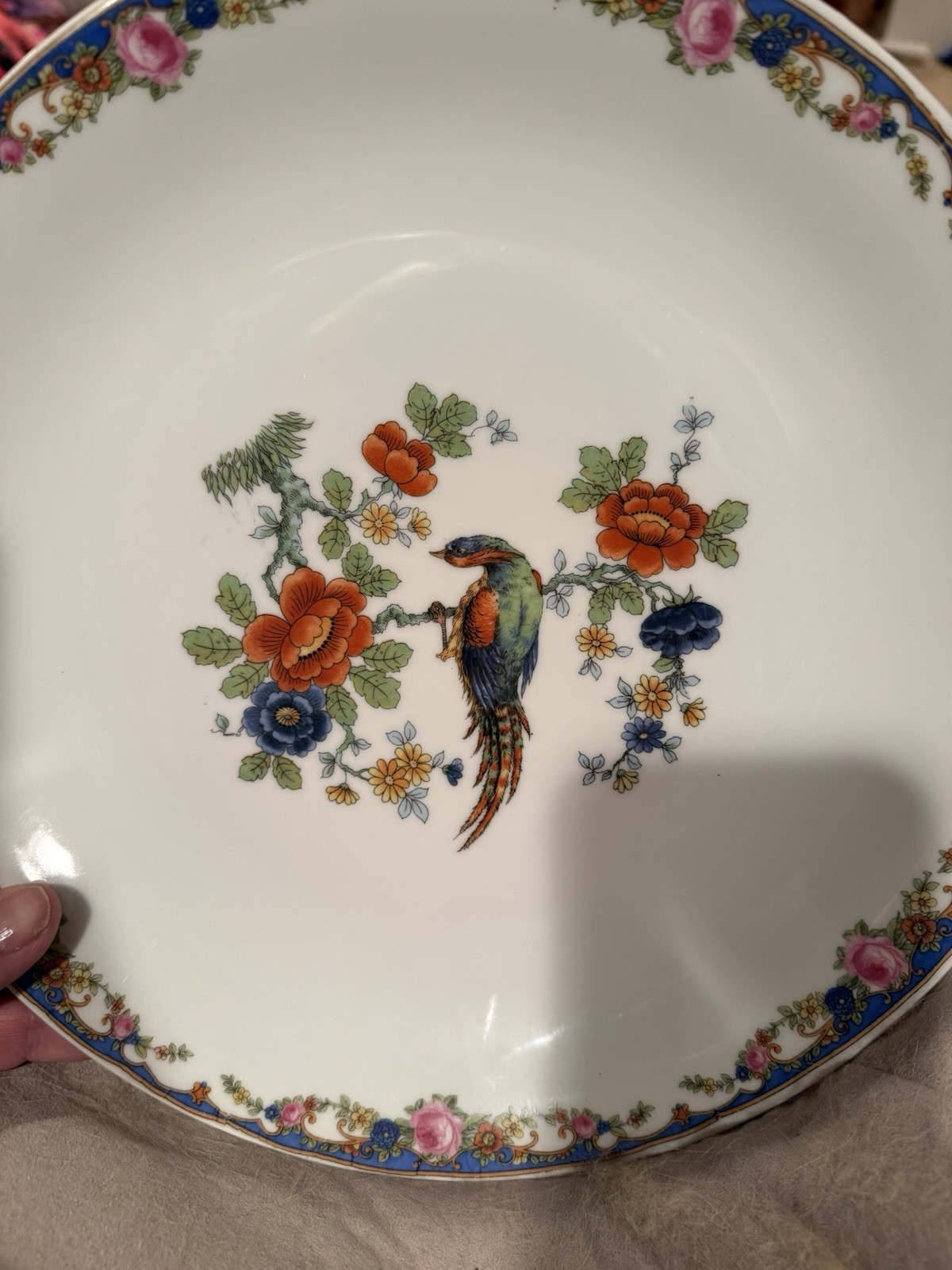Germany Porcelain Decorative Plate 11 1/2 Floral Border Bird Round Glossy