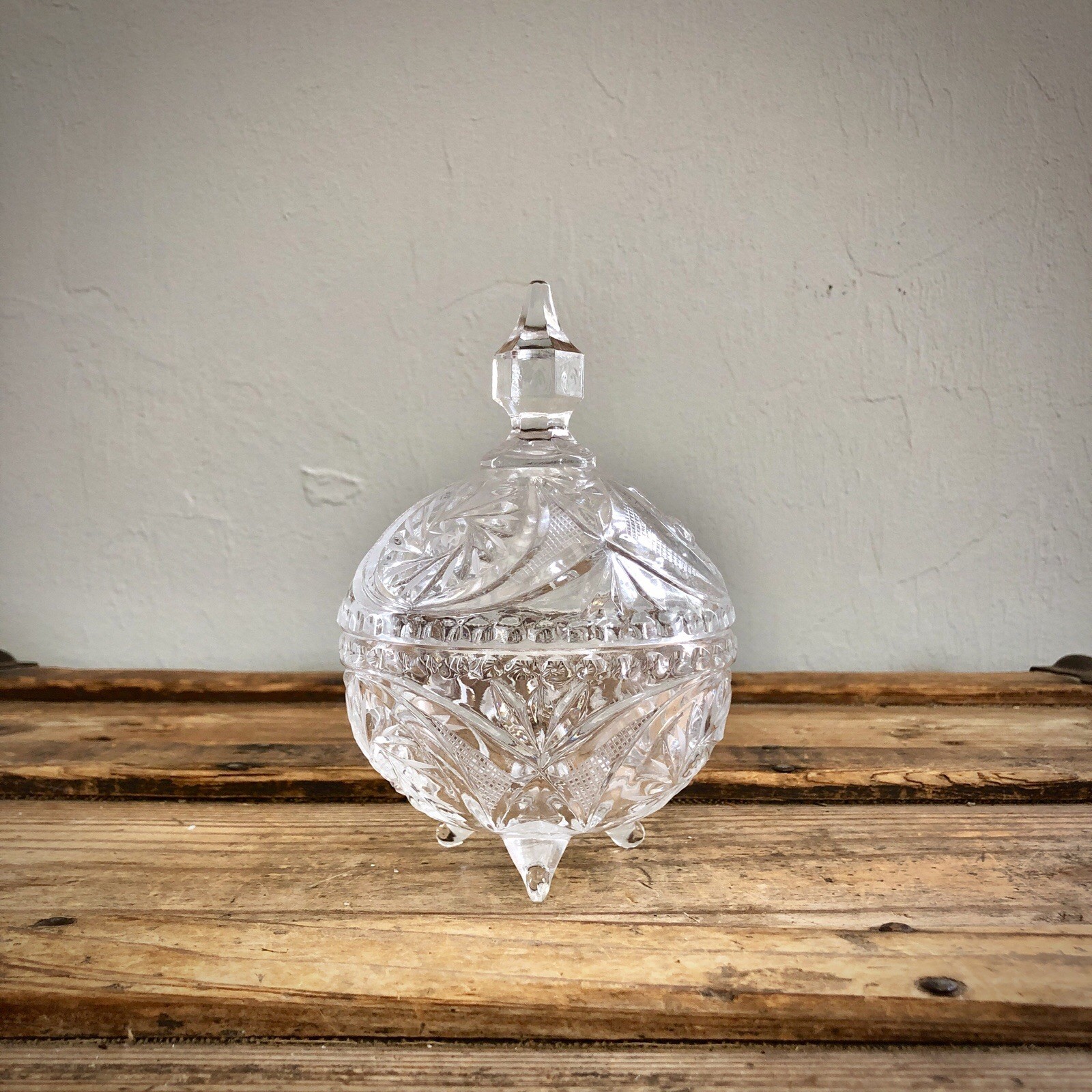 Lead Crystal Clear Cut Glass Footed Candy Trinket Dish With Lid